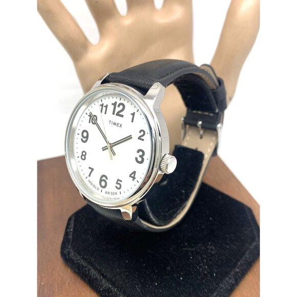 Timex Men's Watch TW2V21200 Quartz Indiglo White Dial Black Leather Band 43mm - Picture 2 of 15